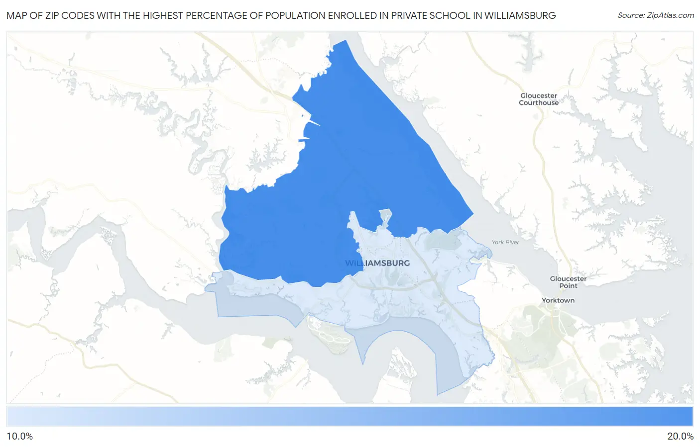 Zip Codes with the Highest Percentage of Population Enrolled in Private School in Williamsburg Map