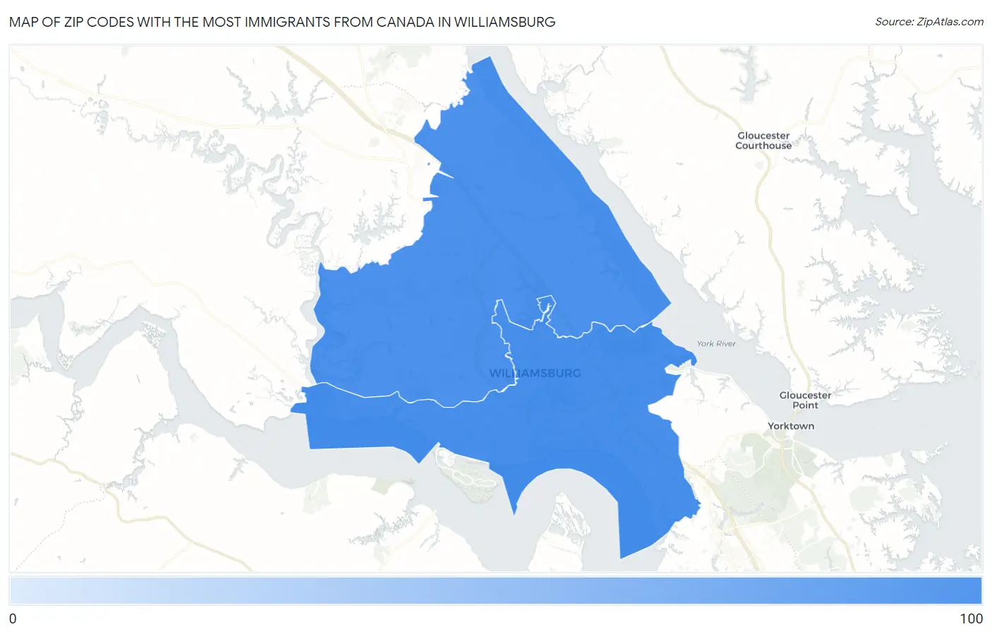 Zip Codes with the Most Immigrants from Canada in Williamsburg Map