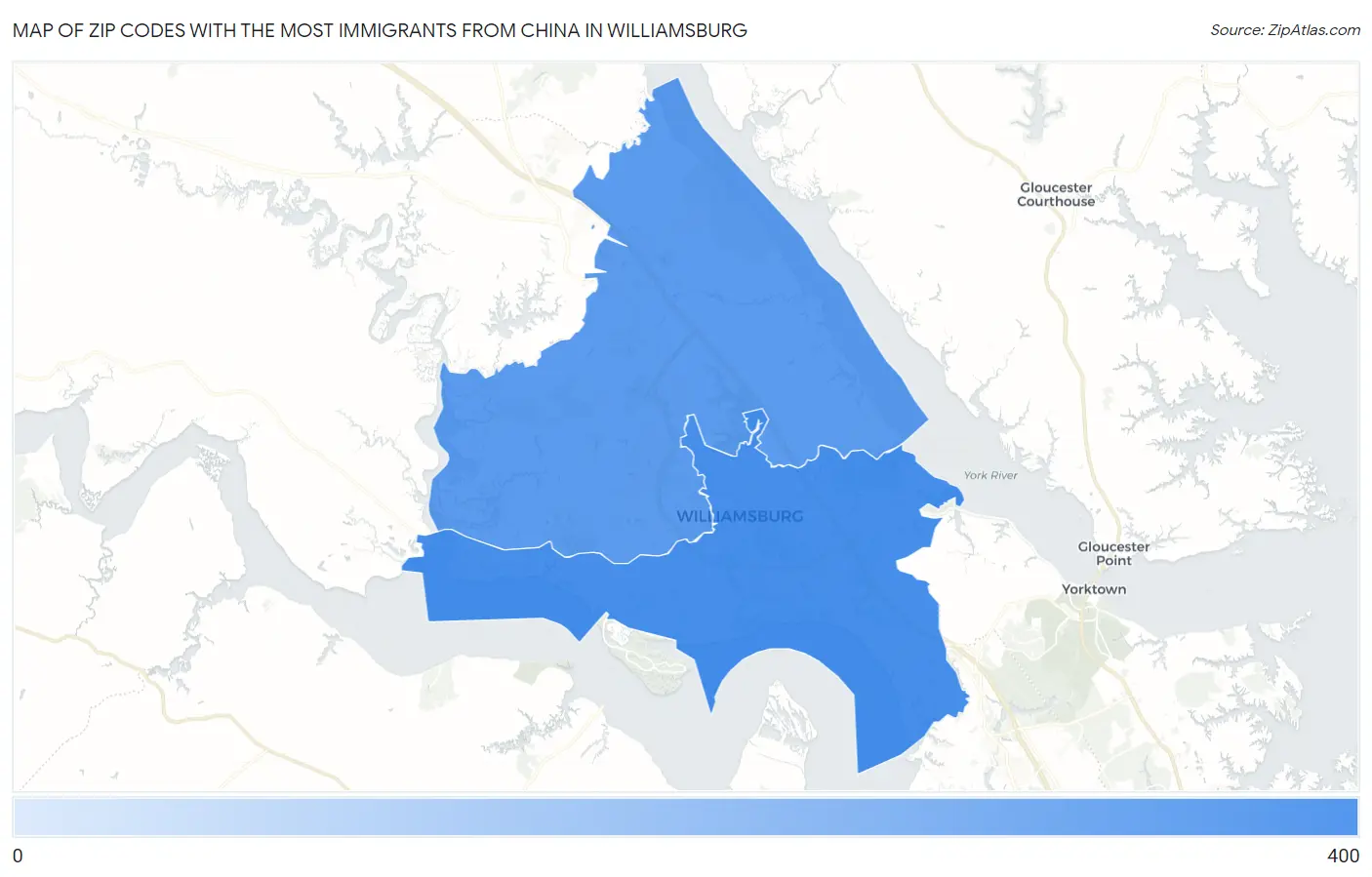 Zip Codes with the Most Immigrants from China in Williamsburg Map