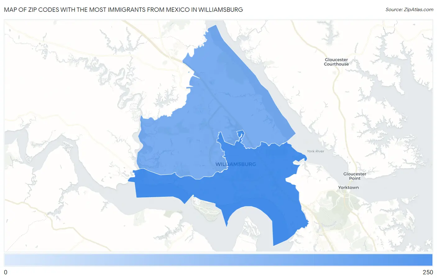 Zip Codes with the Most Immigrants from Mexico in Williamsburg Map