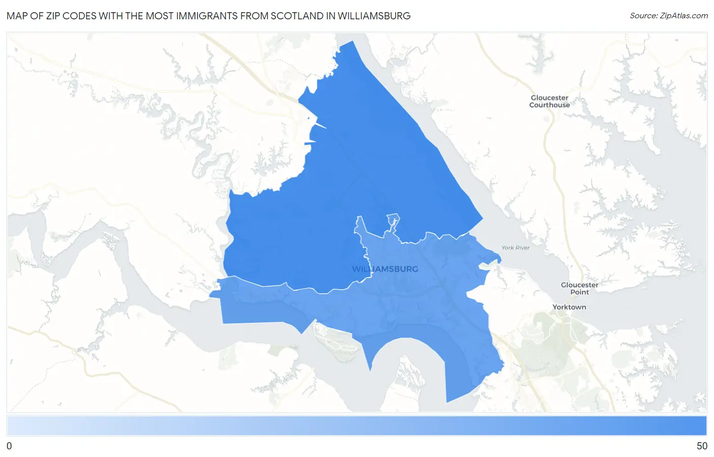 Zip Codes with the Most Immigrants from Scotland in Williamsburg Map