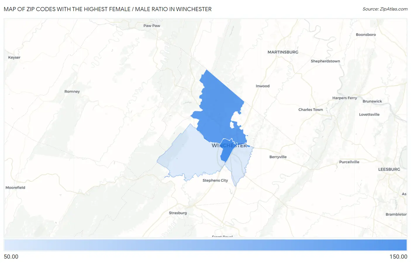 Zip Codes with the Highest Female / Male Ratio in Winchester Map