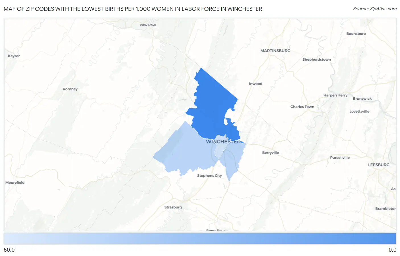 Zip Codes with the Lowest Births per 1,000 Women in Labor Force in Winchester Map