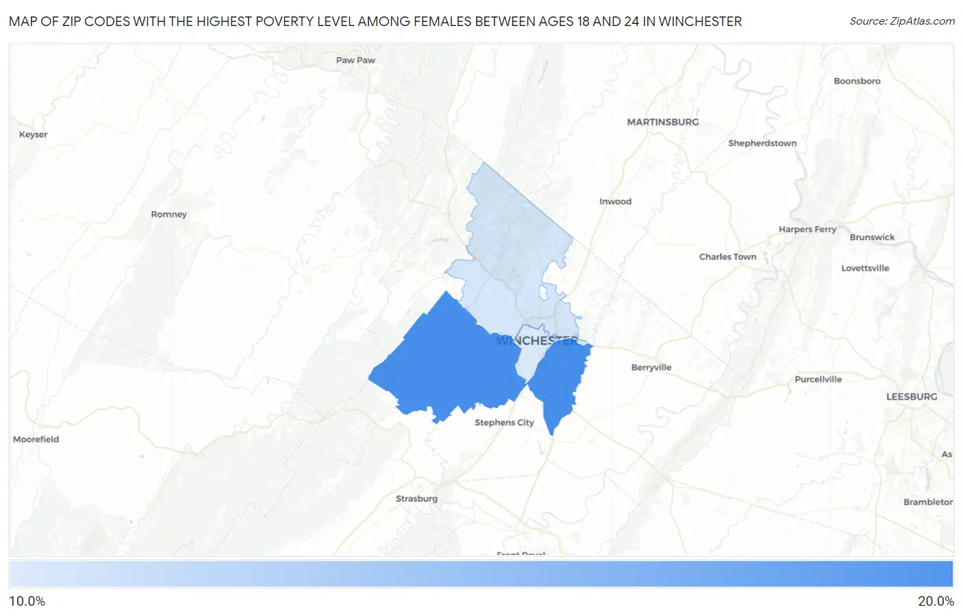 Zip Codes with the Highest Poverty Level Among Females Between Ages 18 and 24 in Winchester Map