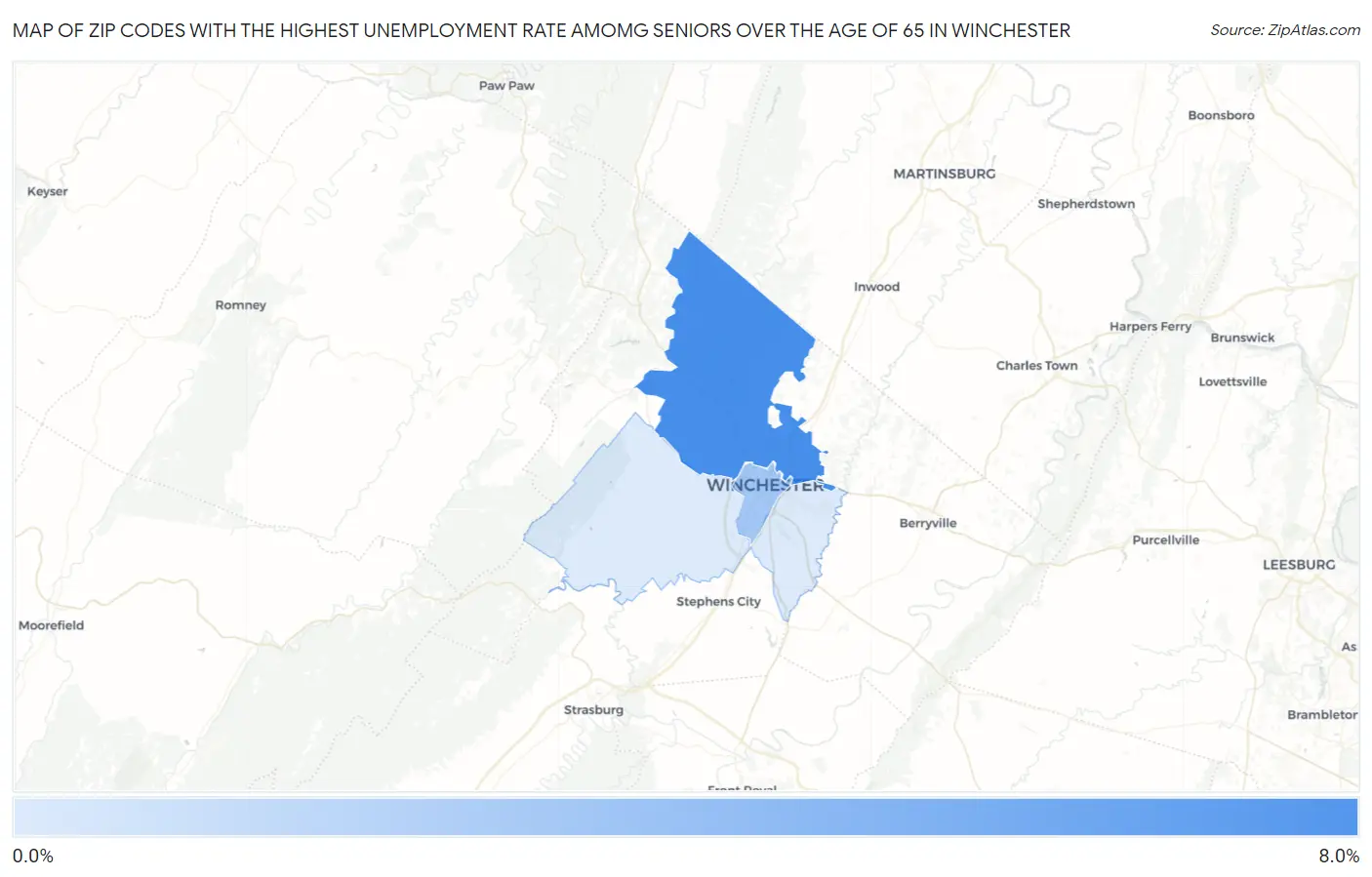 Zip Codes with the Highest Unemployment Rate Amomg Seniors Over the Age of 65 in Winchester Map
