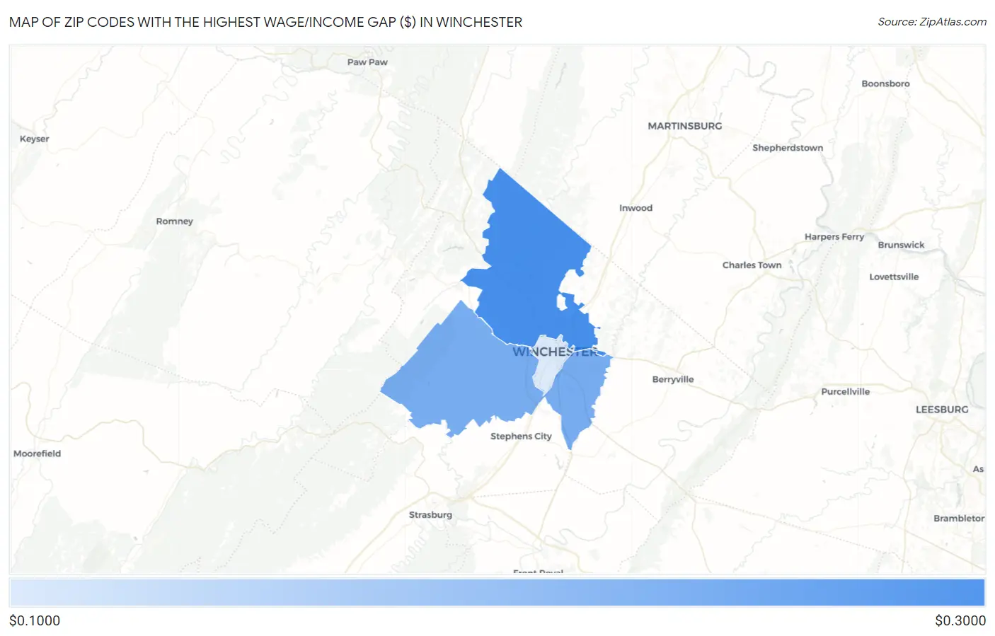 Zip Codes with the Highest Wage/Income Gap ($) in Winchester Map
