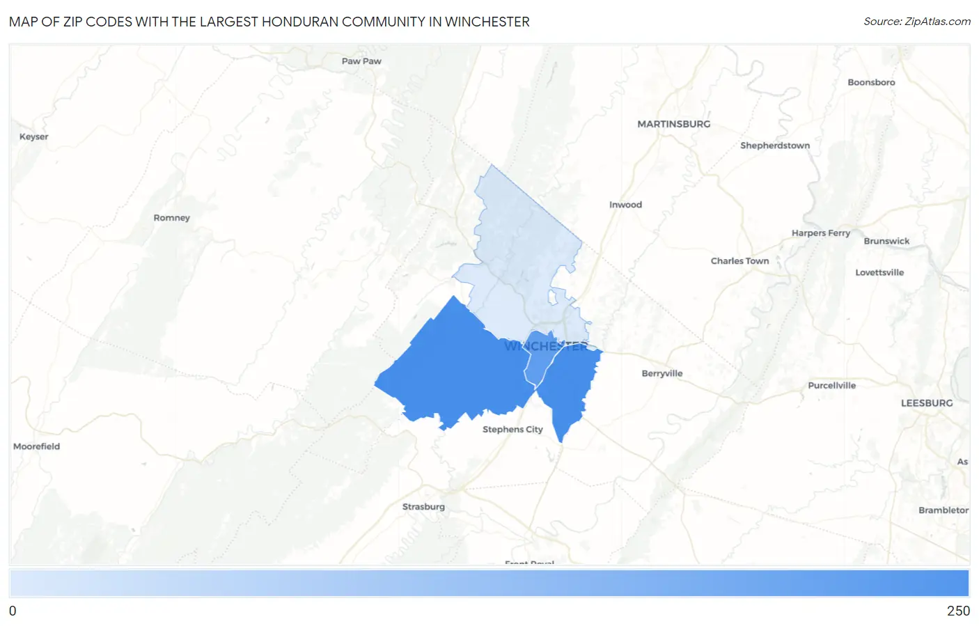 Zip Codes with the Largest Honduran Community in Winchester Map