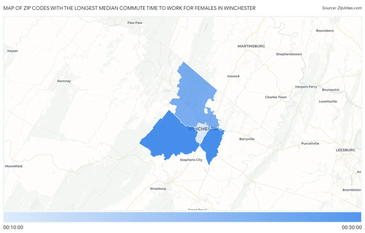 Zip Codes with the Longest Median Commute Time to Work for Females in Winchester Map
