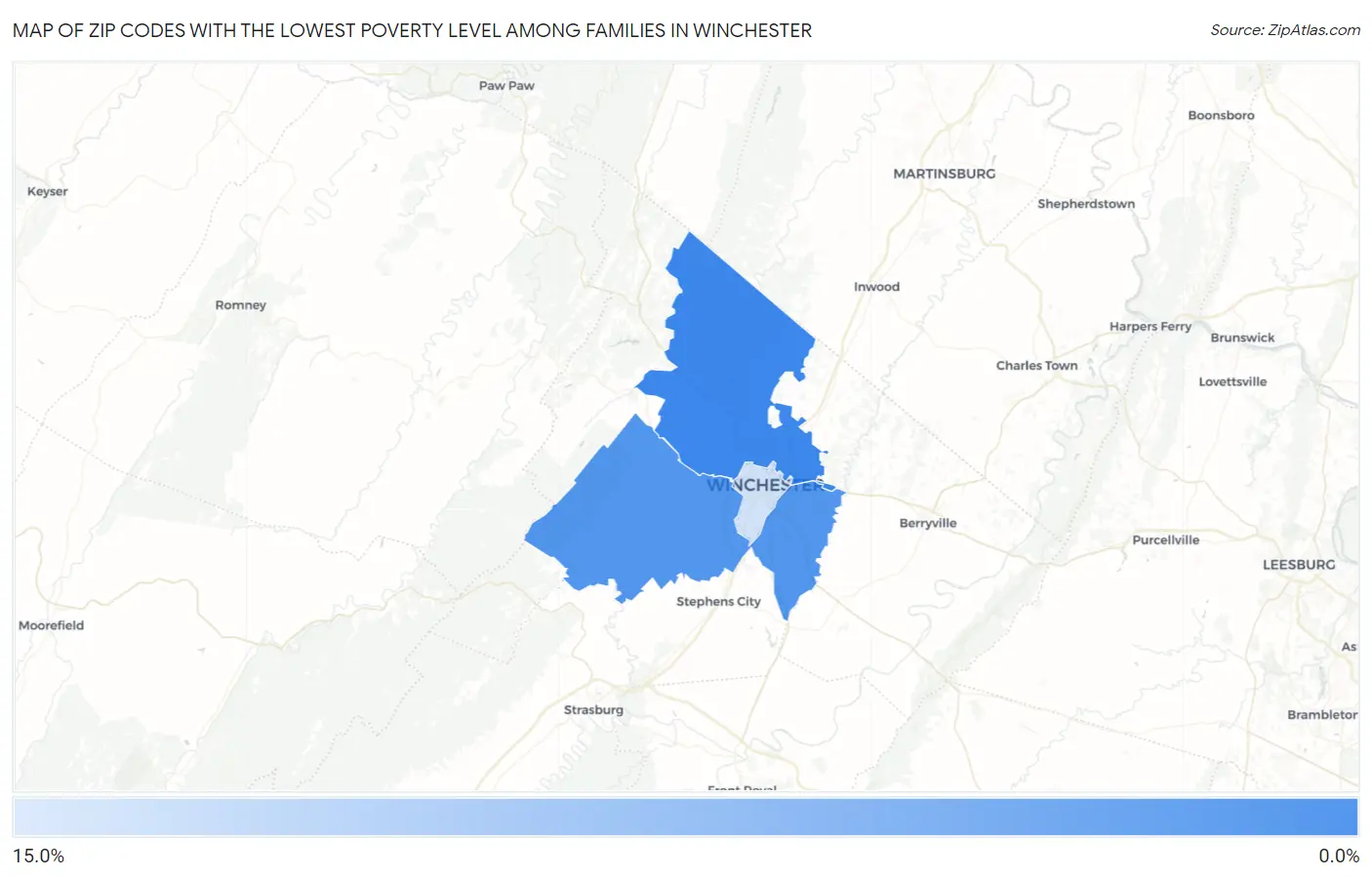 Zip Codes with the Lowest Poverty Level Among Families in Winchester Map