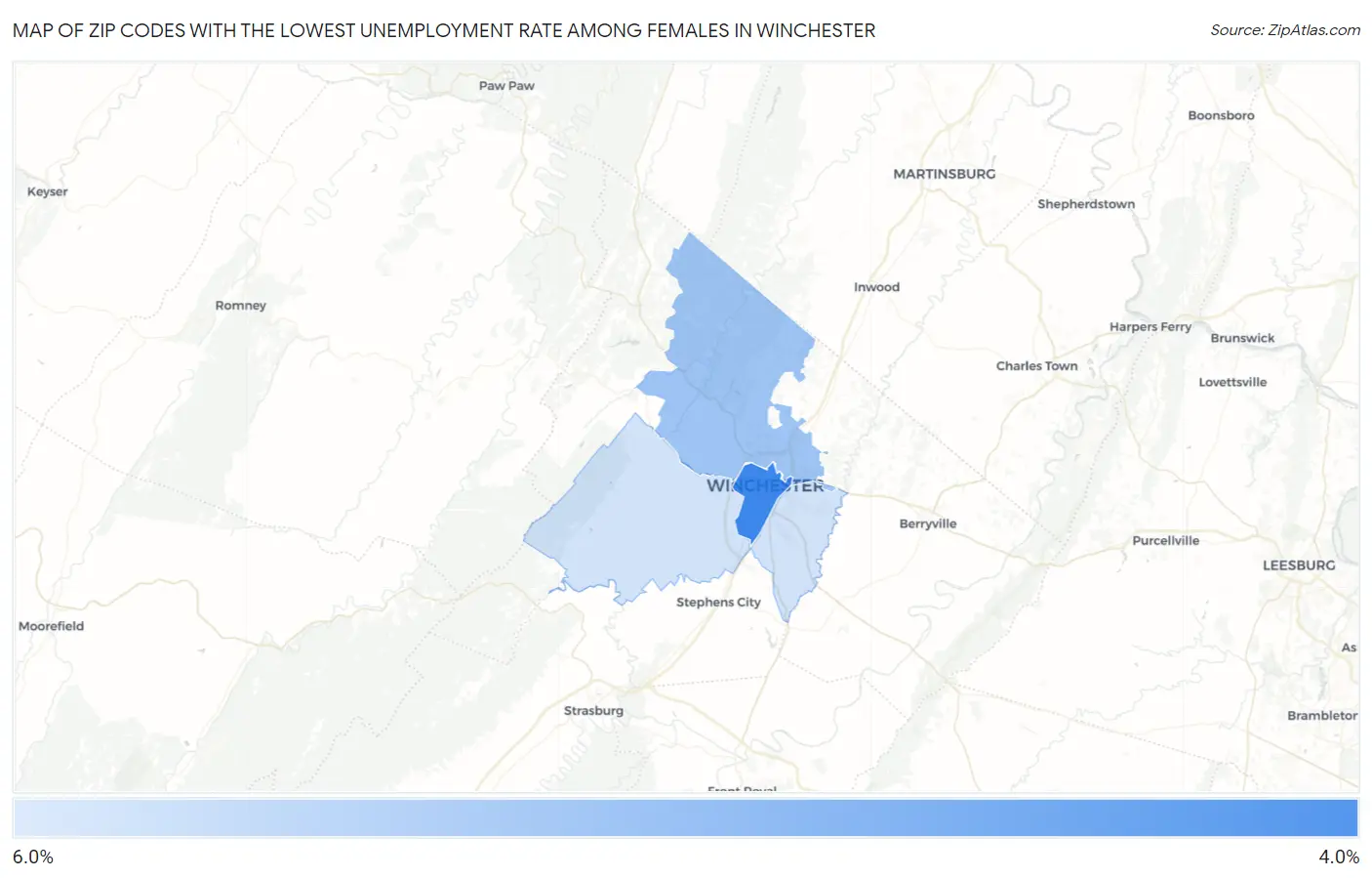 Zip Codes with the Lowest Unemployment Rate Among Females in Winchester Map