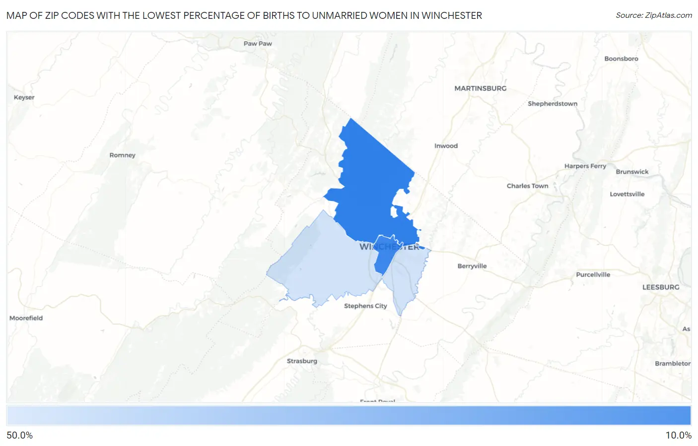Zip Codes with the Lowest Percentage of Births to Unmarried Women in Winchester Map