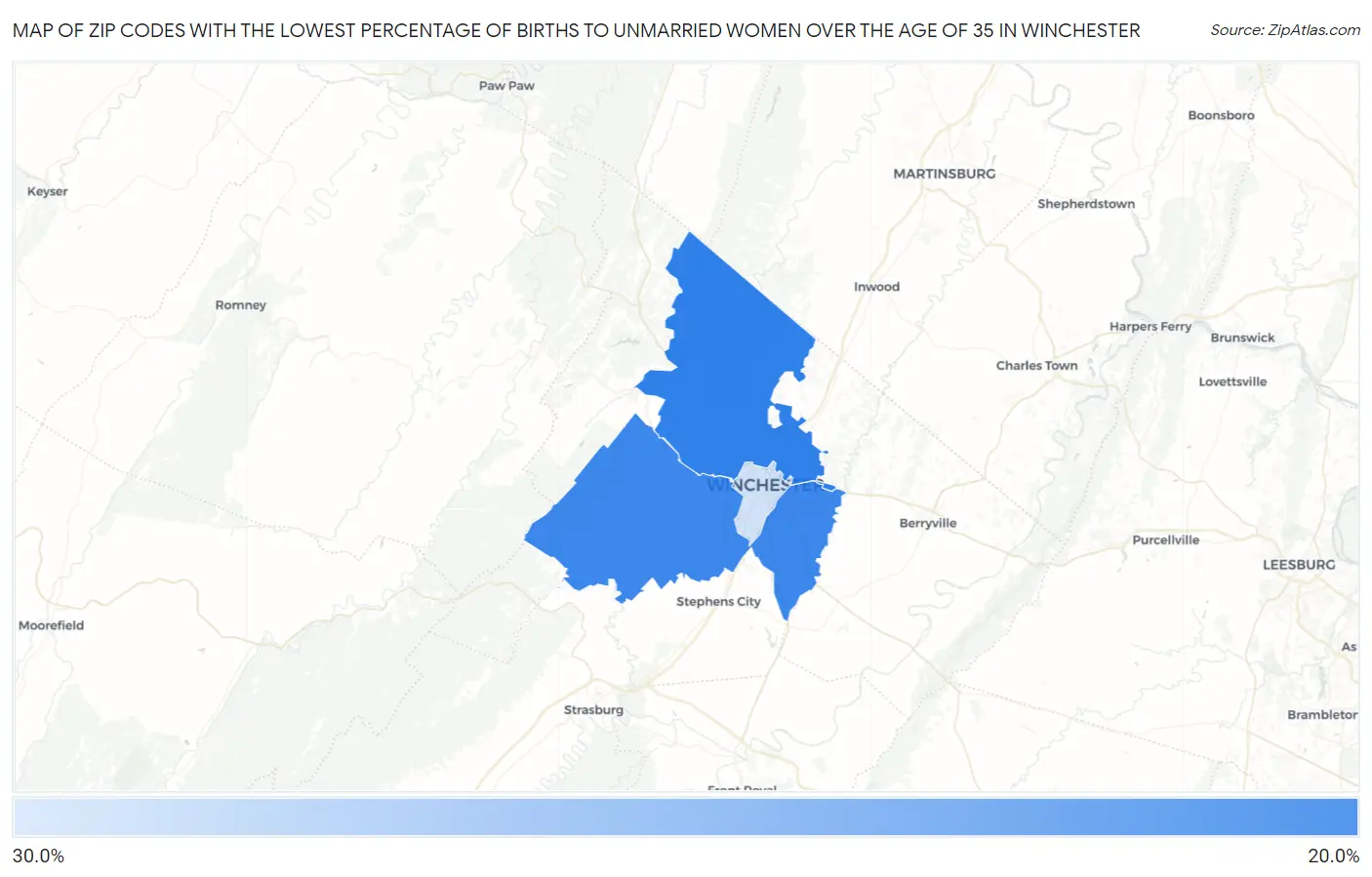 Zip Codes with the Lowest Percentage of Births to Unmarried Women over the Age of 35 in Winchester Map