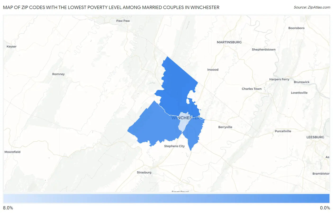 Zip Codes with the Lowest Poverty Level Among Married Couples in Winchester Map