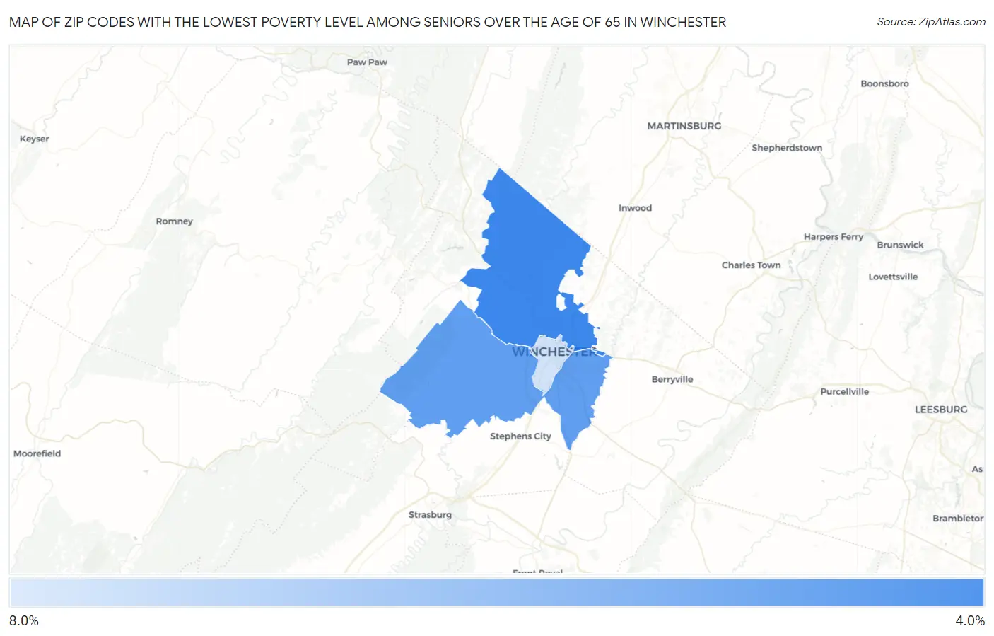 Zip Codes with the Lowest Poverty Level Among Seniors Over the Age of 65 in Winchester Map