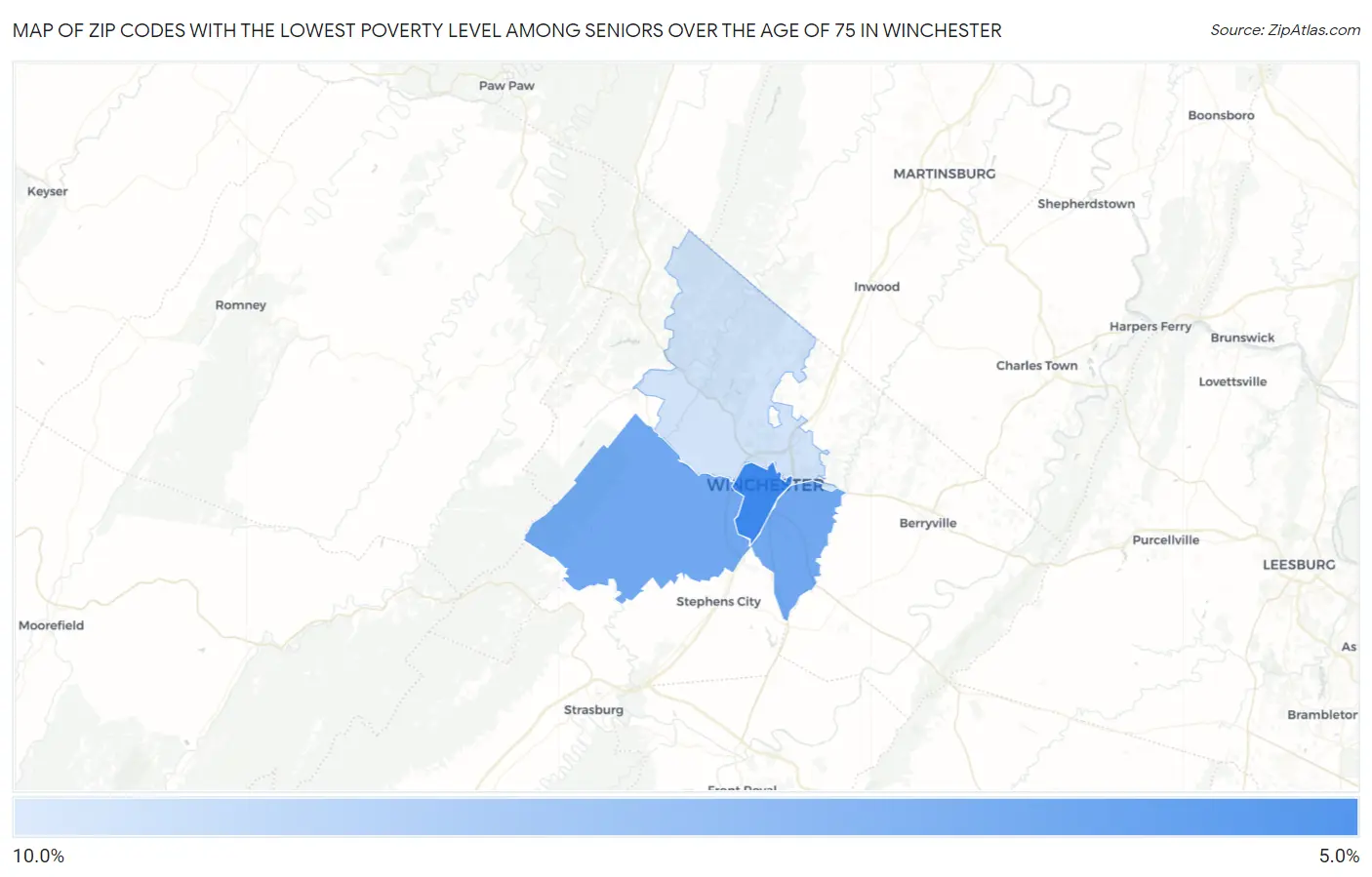 Zip Codes with the Lowest Poverty Level Among Seniors Over the Age of 75 in Winchester Map