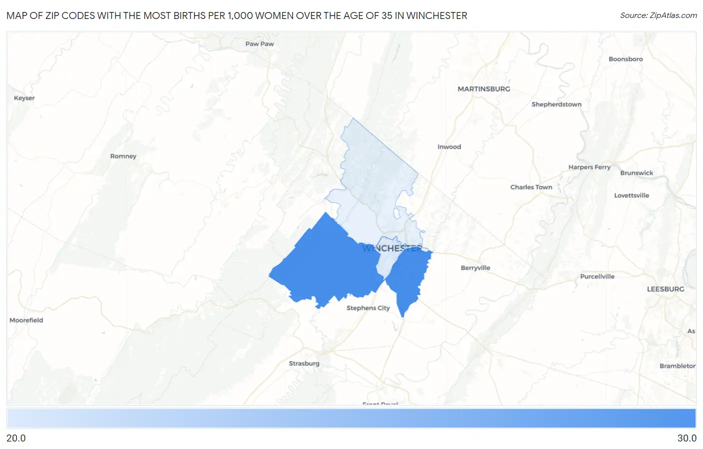 Zip Codes with the Most Births per 1,000 Women Over the Age of 35 in Winchester Map