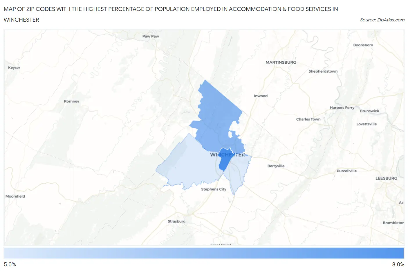 Zip Codes with the Highest Percentage of Population Employed in Accommodation & Food Services in Winchester Map