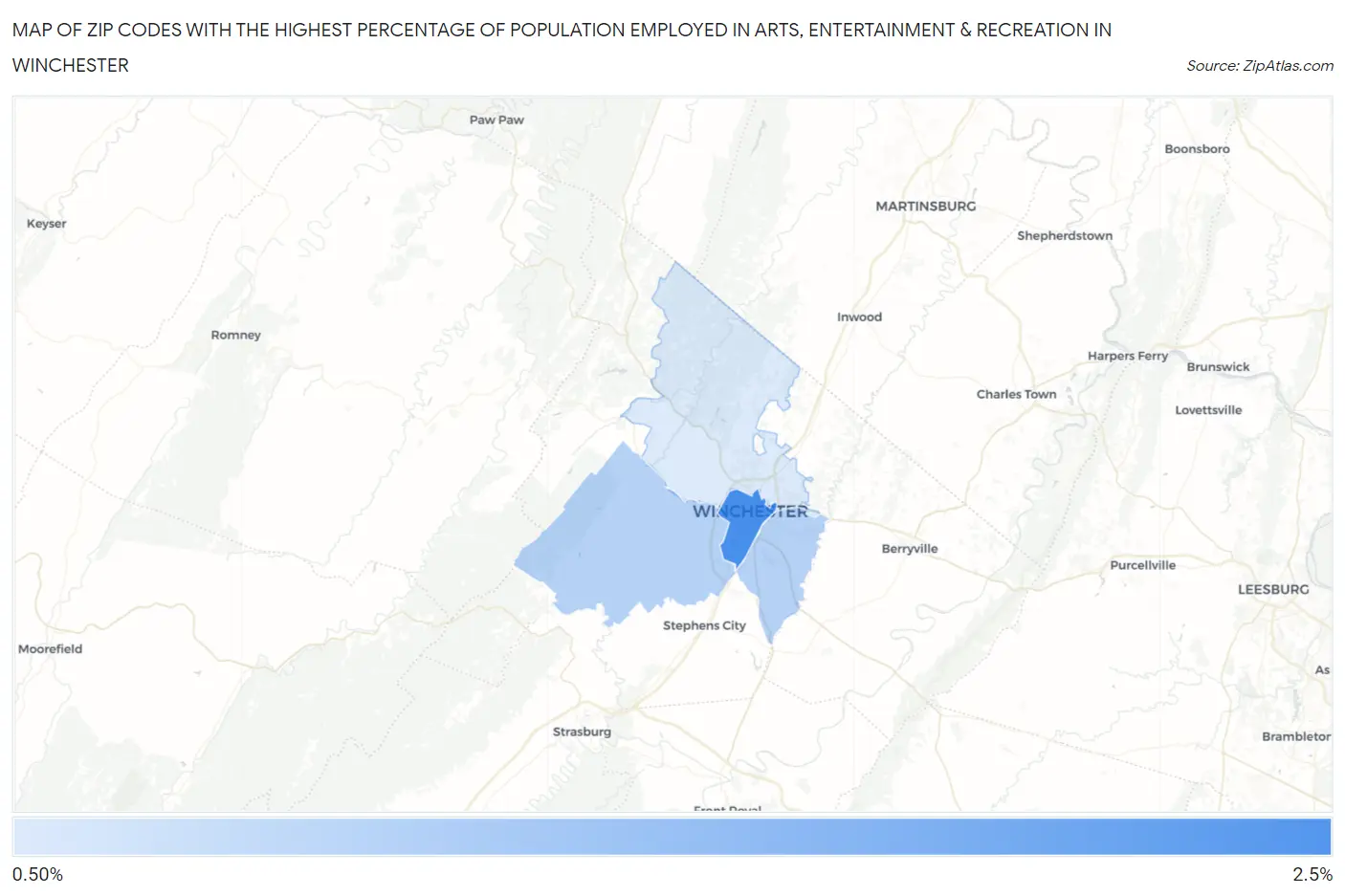 Zip Codes with the Highest Percentage of Population Employed in Arts, Entertainment & Recreation in Winchester Map