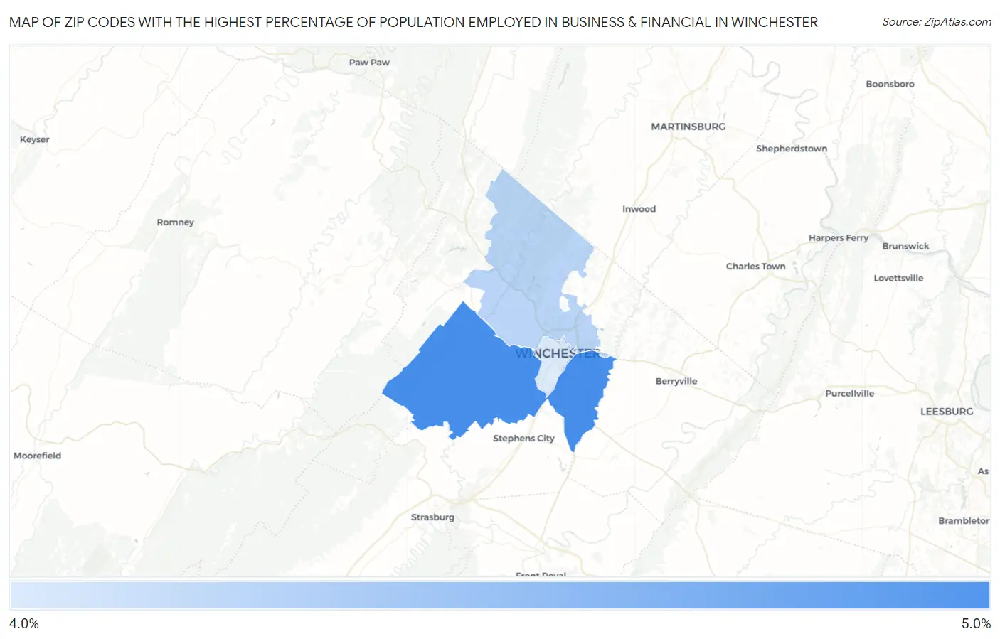 Zip Codes with the Highest Percentage of Population Employed in Business & Financial in Winchester Map