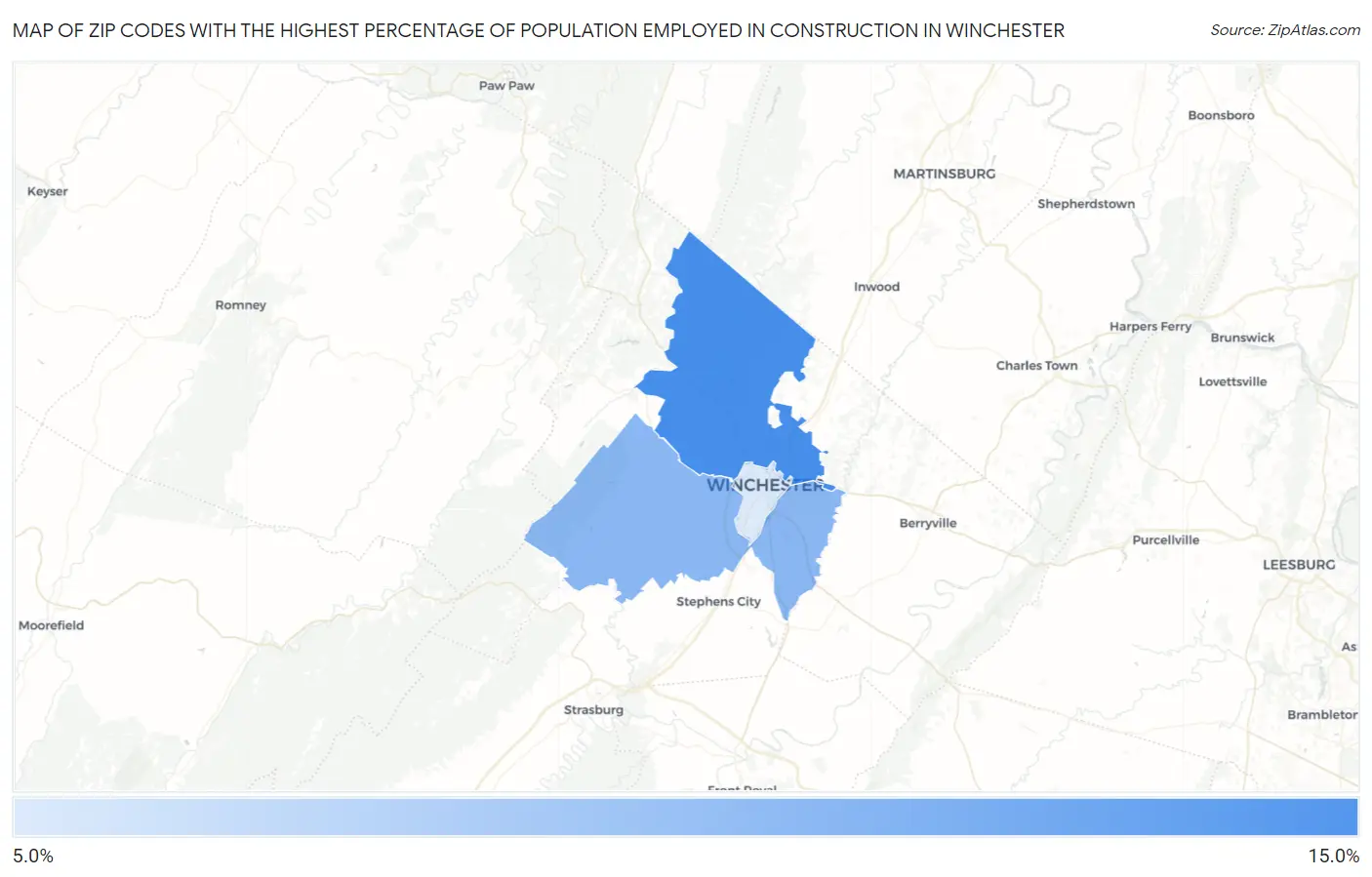 Zip Codes with the Highest Percentage of Population Employed in Construction in Winchester Map