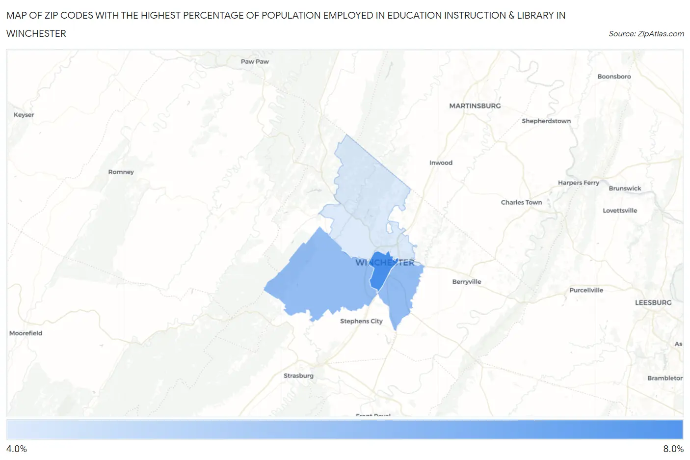 Zip Codes with the Highest Percentage of Population Employed in Education Instruction & Library in Winchester Map