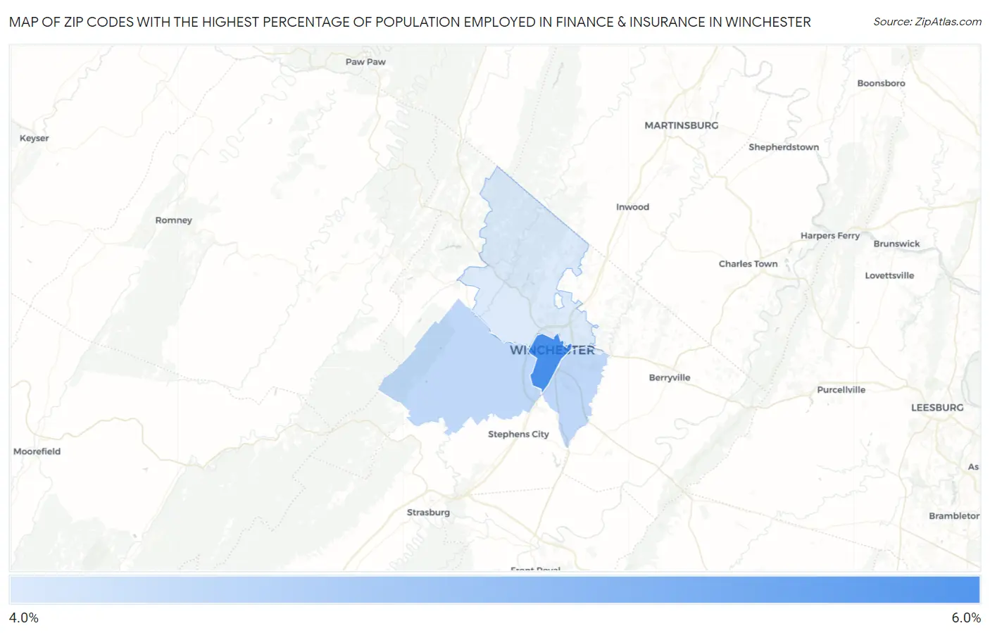 Zip Codes with the Highest Percentage of Population Employed in Finance & Insurance in Winchester Map