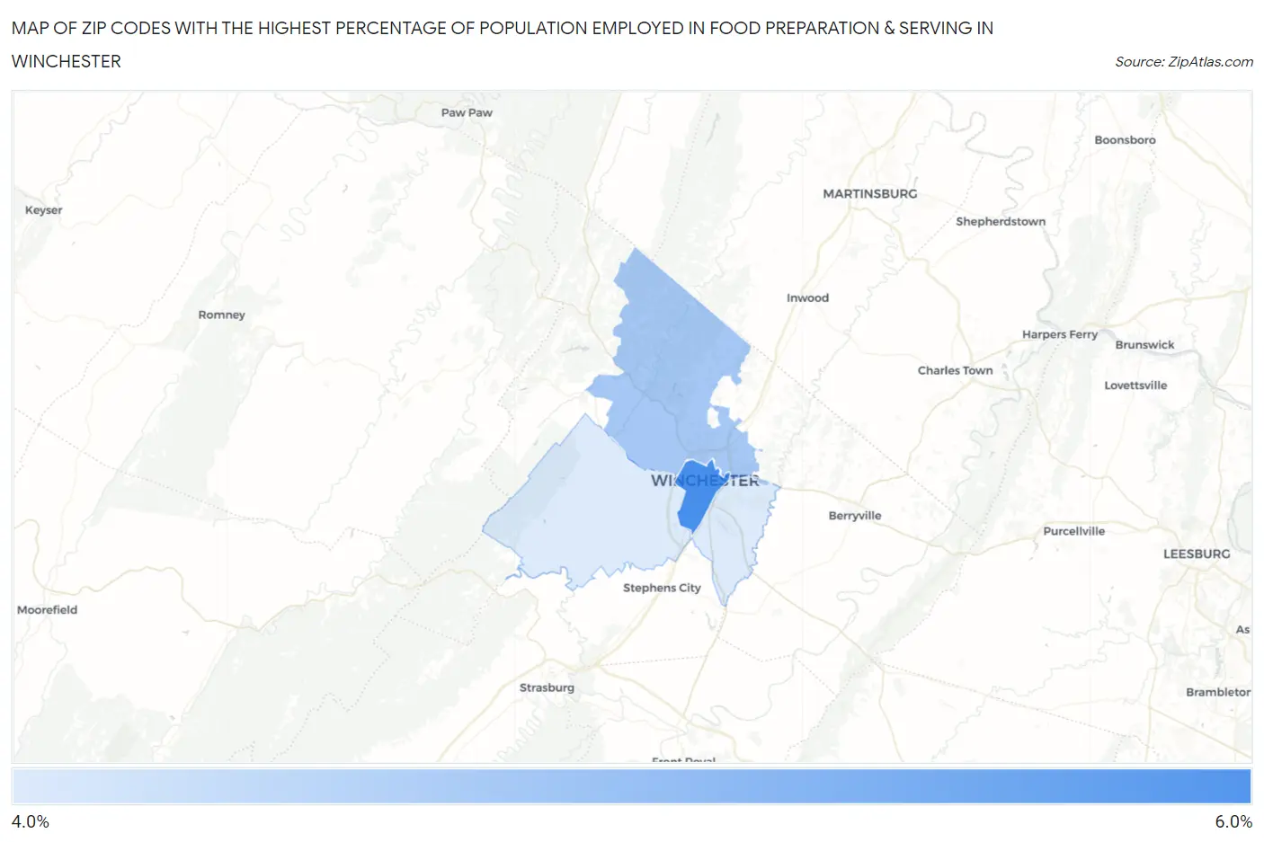 Zip Codes with the Highest Percentage of Population Employed in Food Preparation & Serving in Winchester Map