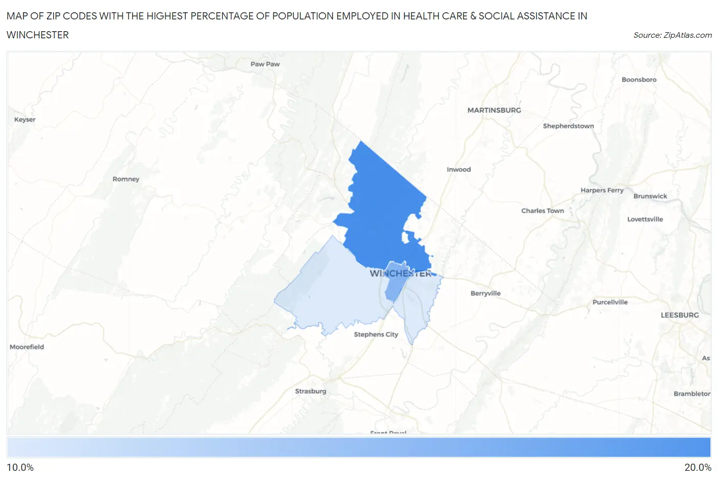 Zip Codes with the Highest Percentage of Population Employed in Health Care & Social Assistance in Winchester Map