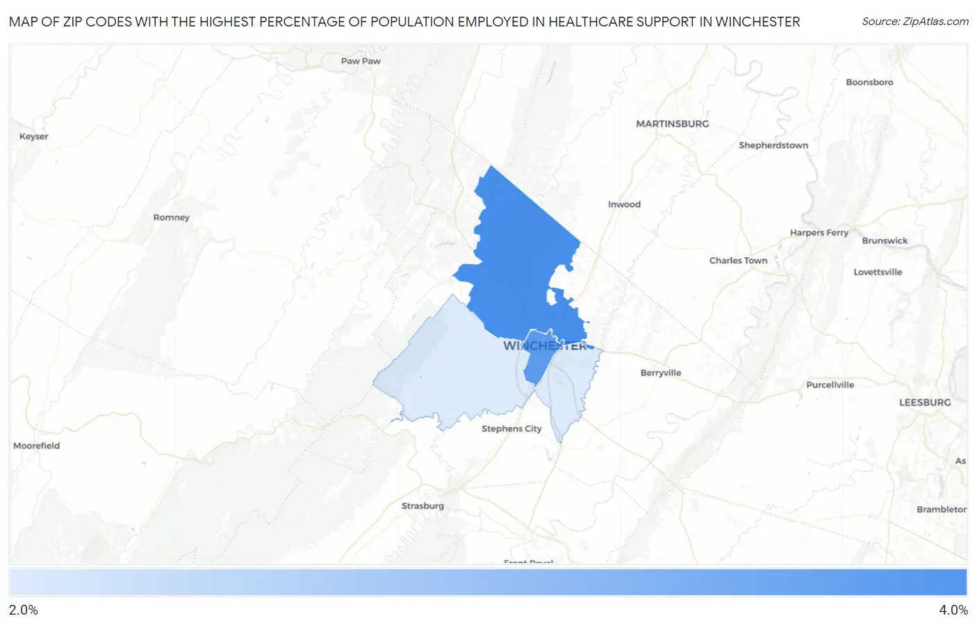 Zip Codes with the Highest Percentage of Population Employed in Healthcare Support in Winchester Map