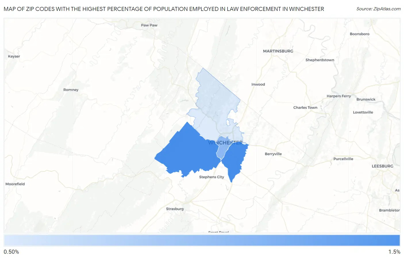Zip Codes with the Highest Percentage of Population Employed in Law Enforcement in Winchester Map
