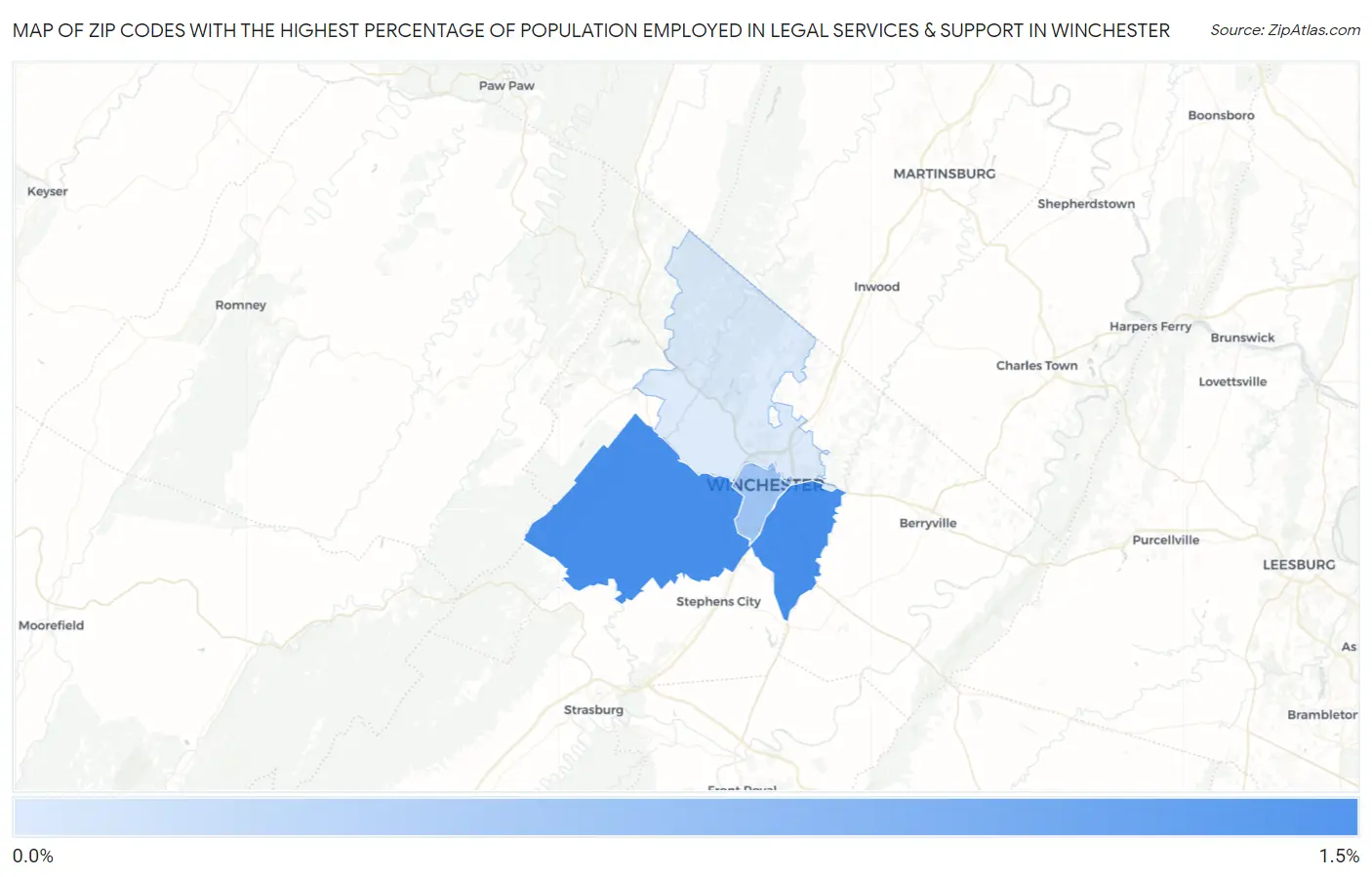 Zip Codes with the Highest Percentage of Population Employed in Legal Services & Support in Winchester Map