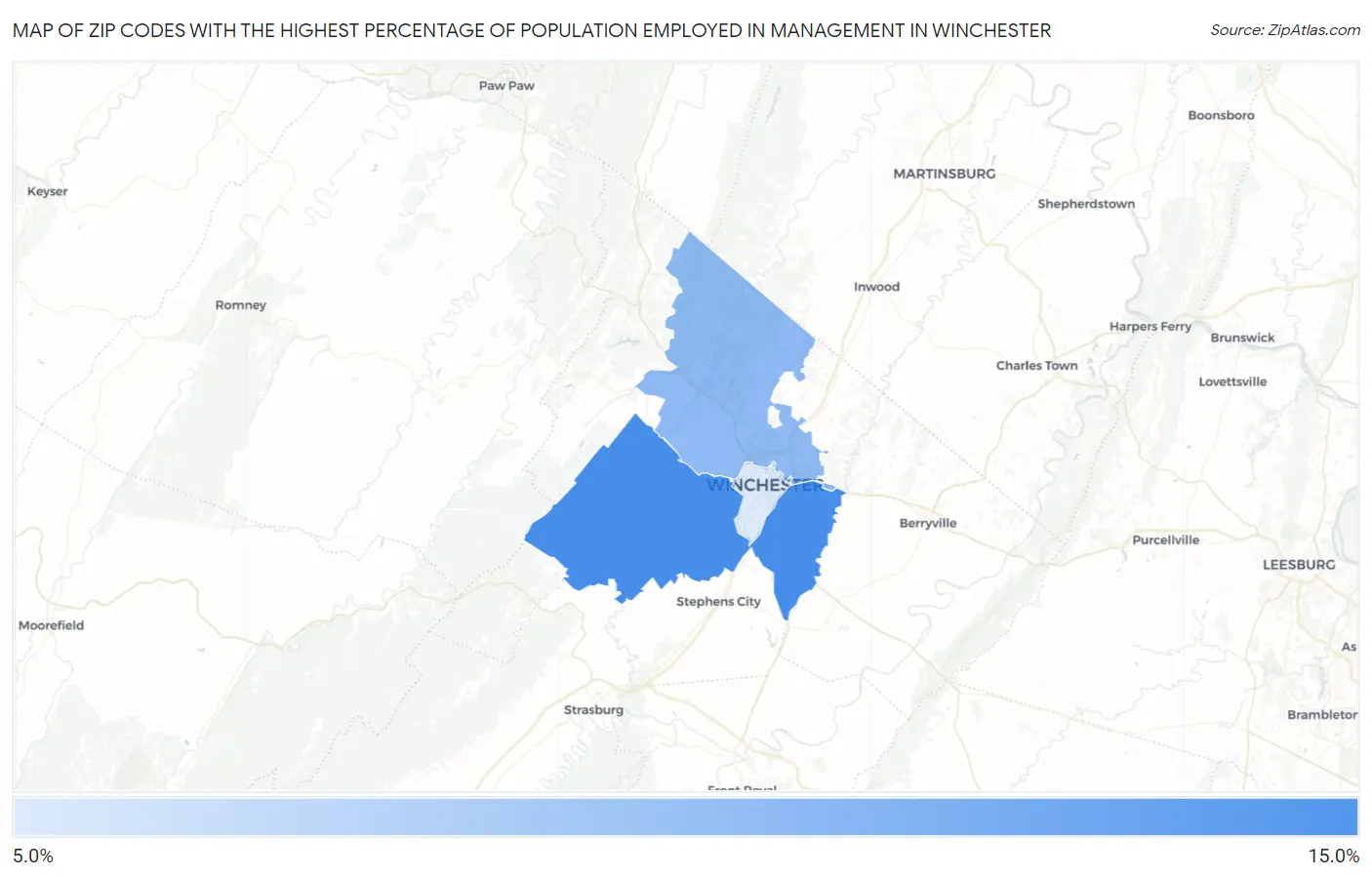 Zip Codes with the Highest Percentage of Population Employed in Management in Winchester Map