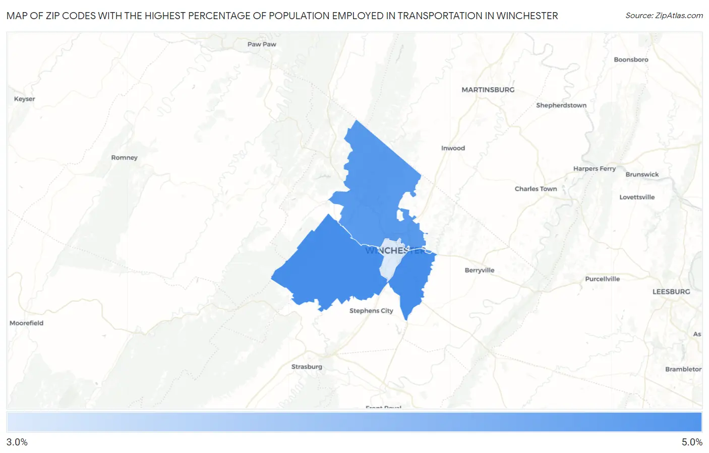 Zip Codes with the Highest Percentage of Population Employed in Transportation in Winchester Map