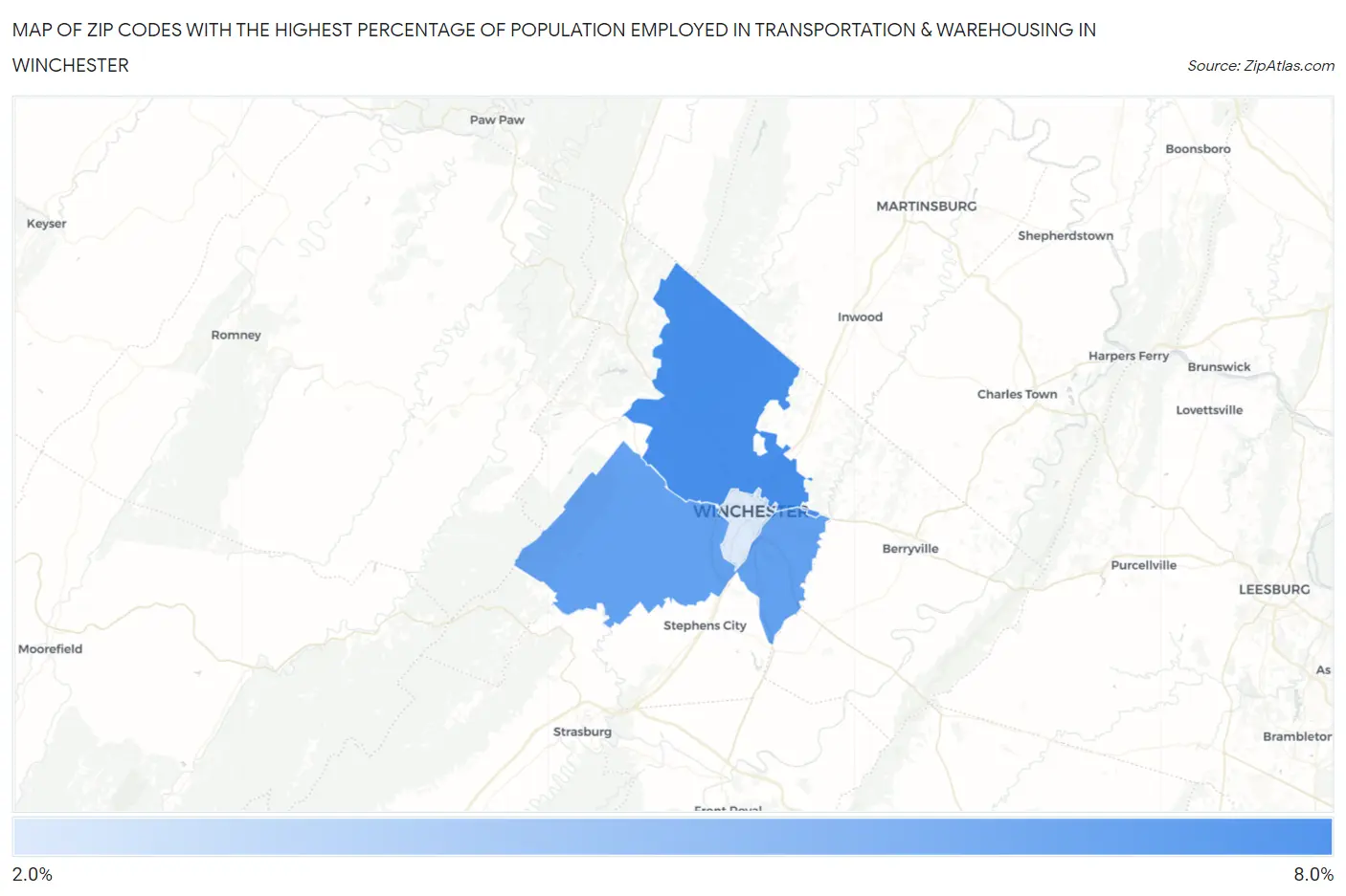 Zip Codes with the Highest Percentage of Population Employed in Transportation & Warehousing in Winchester Map
