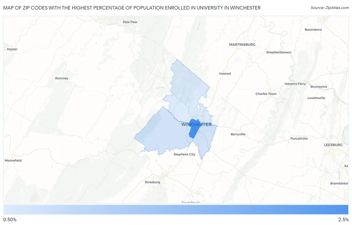 Zip Codes with the Highest Percentage of Population Enrolled in University in Winchester Map