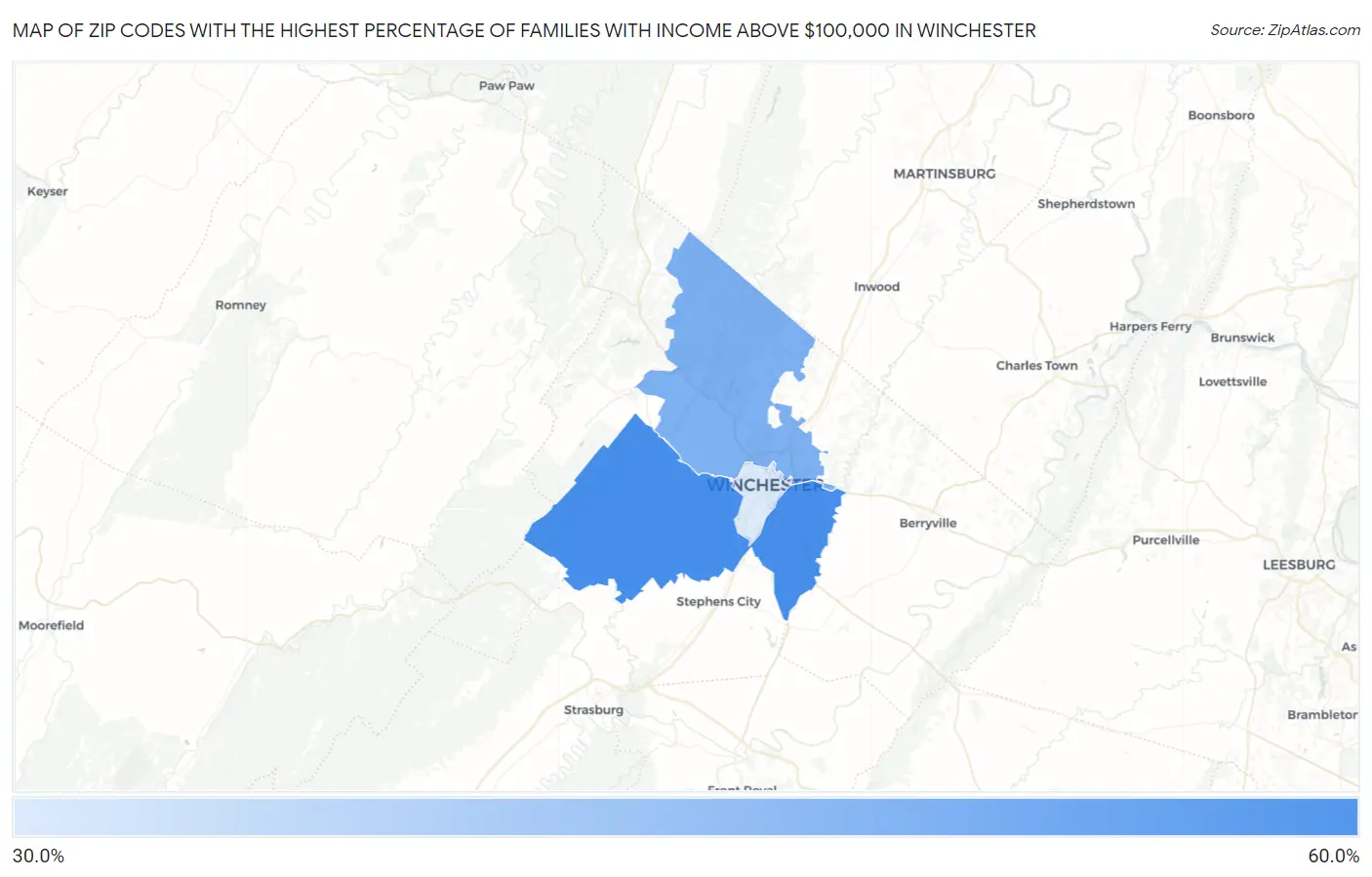 Zip Codes with the Highest Percentage of Families with Income Above $100,000 in Winchester Map