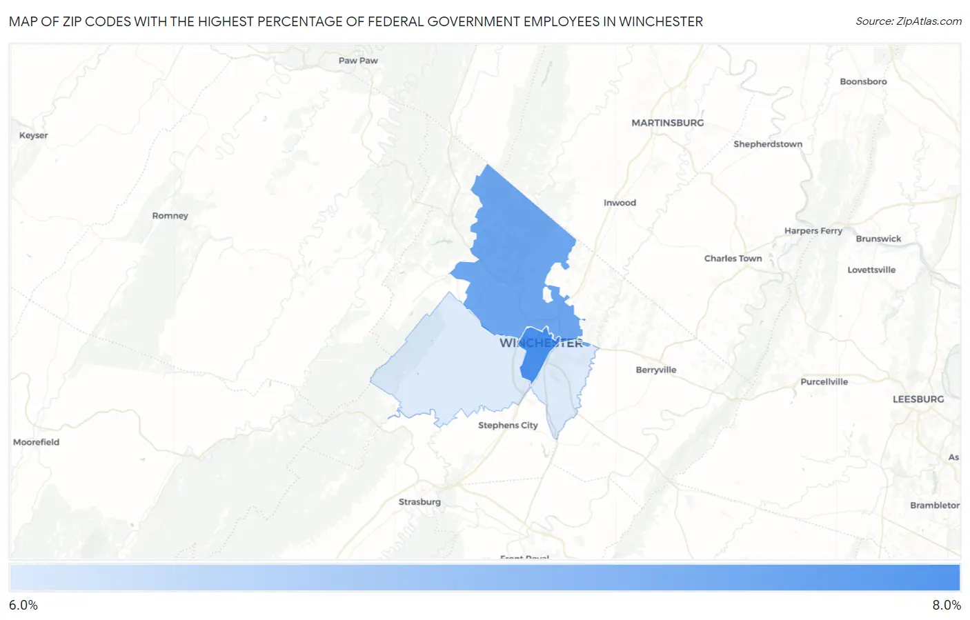 Zip Codes with the Highest Percentage of Federal Government Employees in Winchester Map