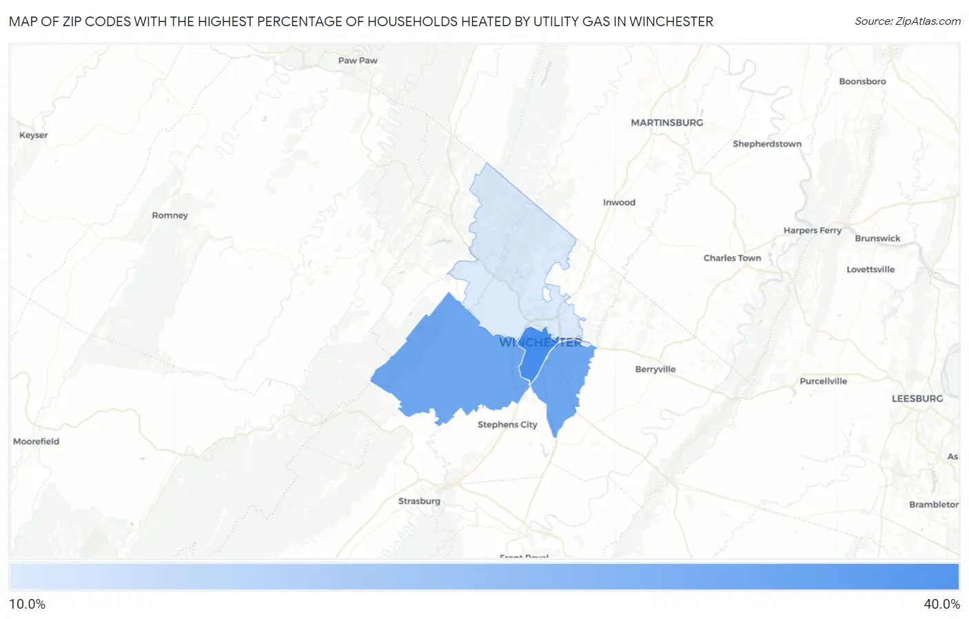 Zip Codes with the Highest Percentage of Households Heated by Utility Gas in Winchester Map