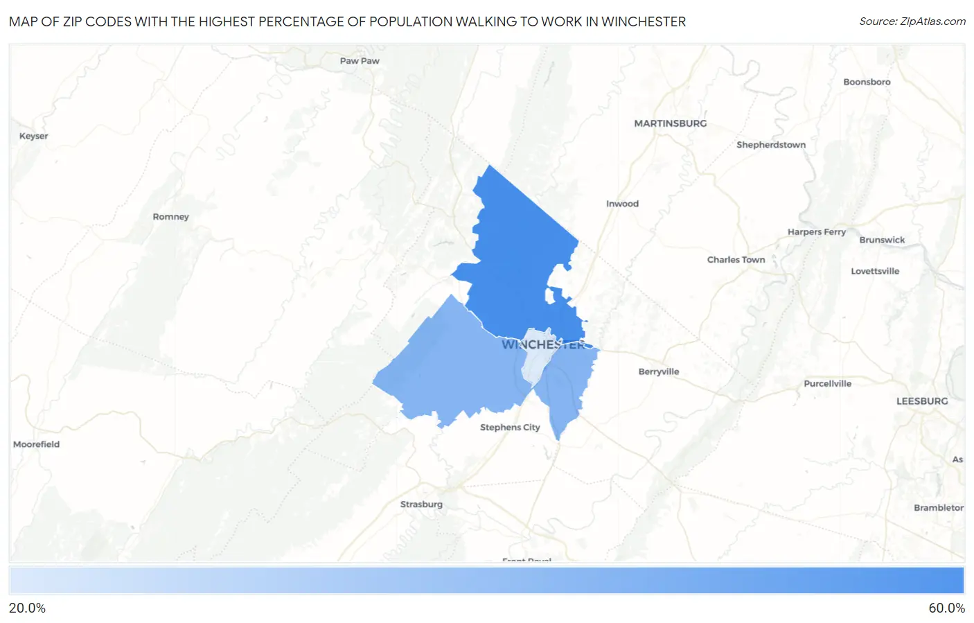 Zip Codes with the Highest Percentage of Population Walking to Work in Winchester Map