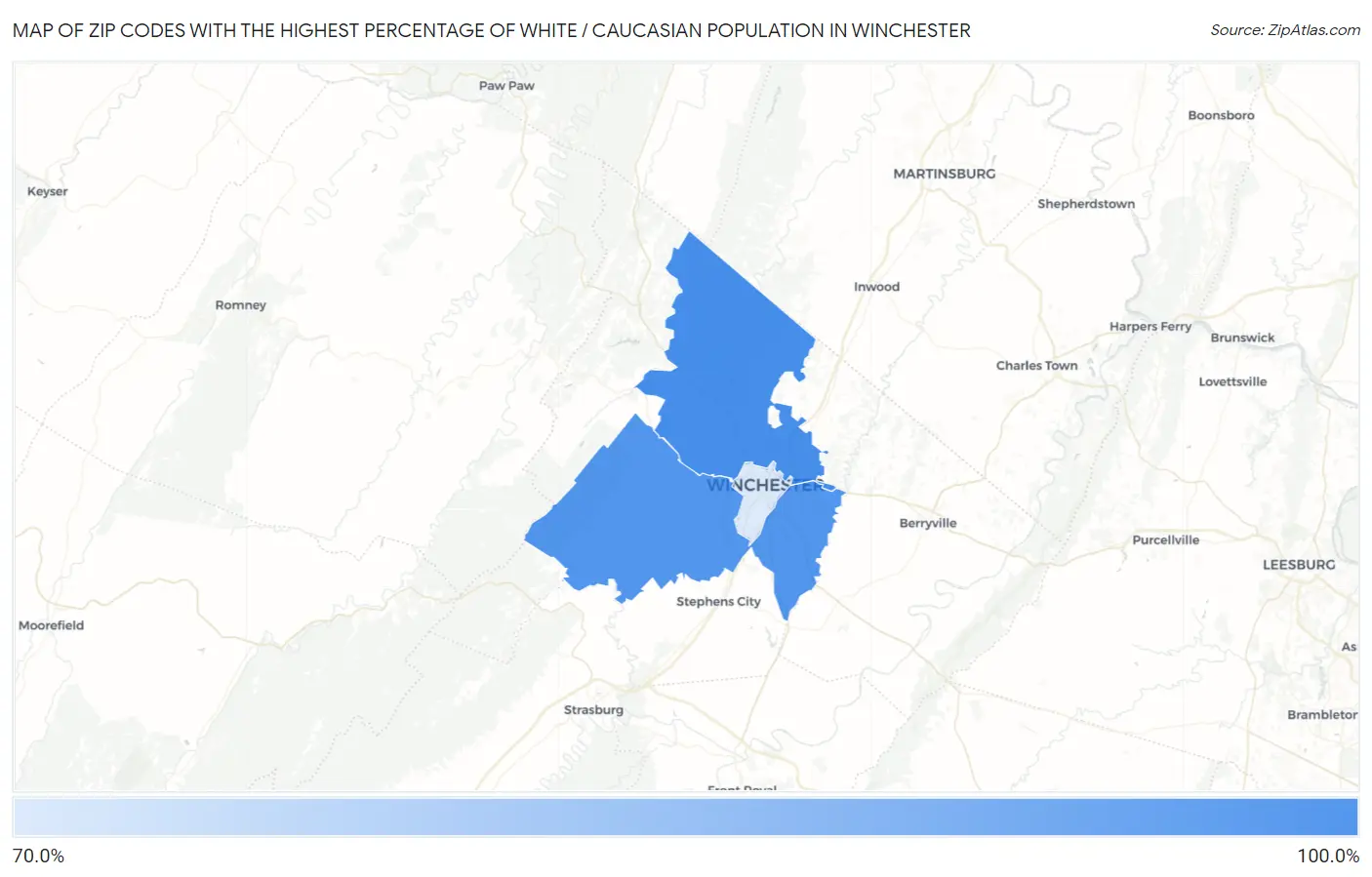 Zip Codes with the Highest Percentage of White / Caucasian Population in Winchester Map