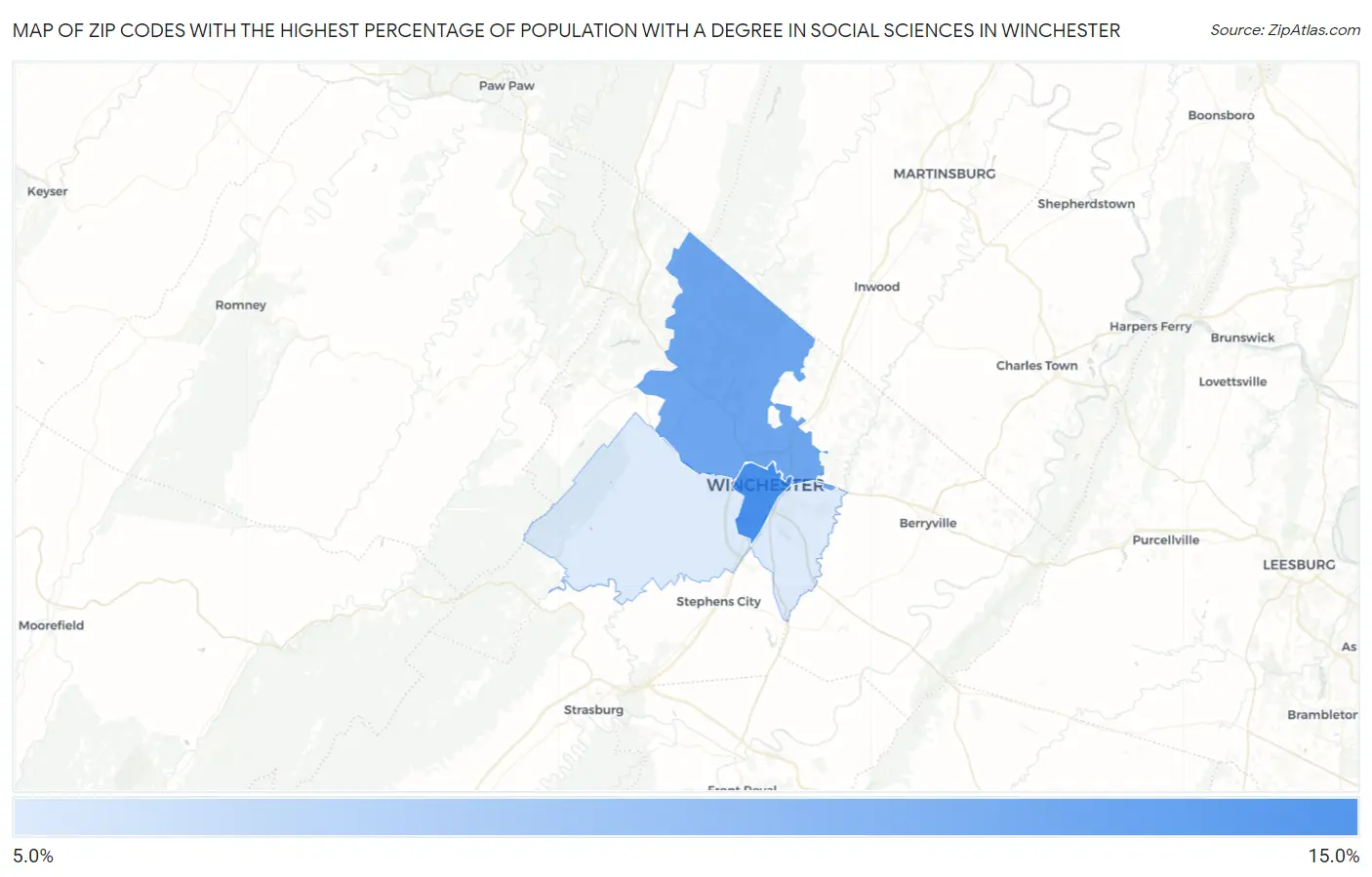 Zip Codes with the Highest Percentage of Population with a Degree in Social Sciences in Winchester Map