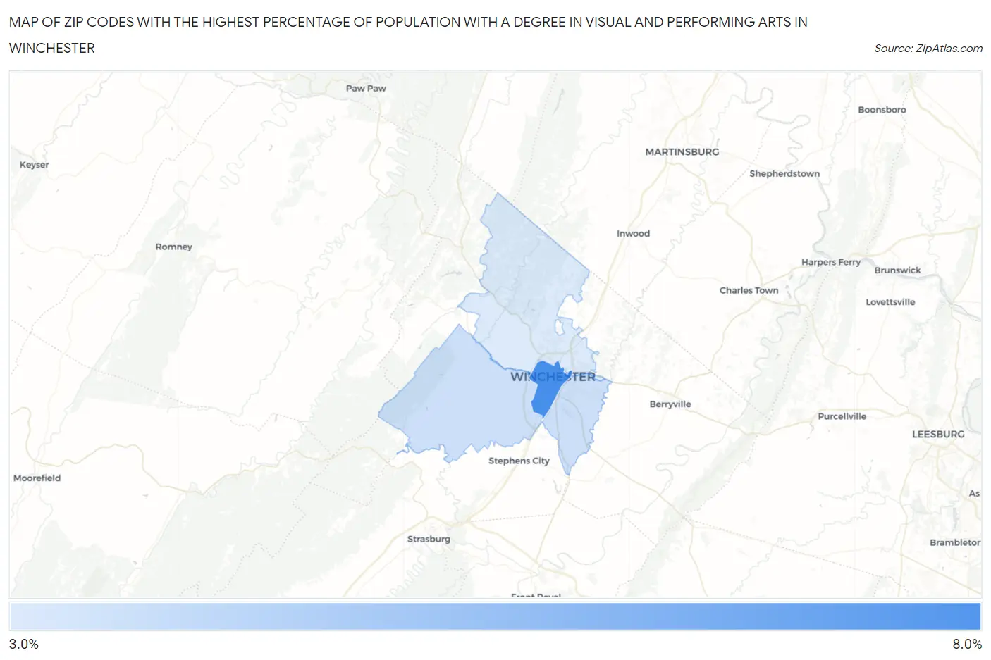 Zip Codes with the Highest Percentage of Population with a Degree in Visual and Performing Arts in Winchester Map