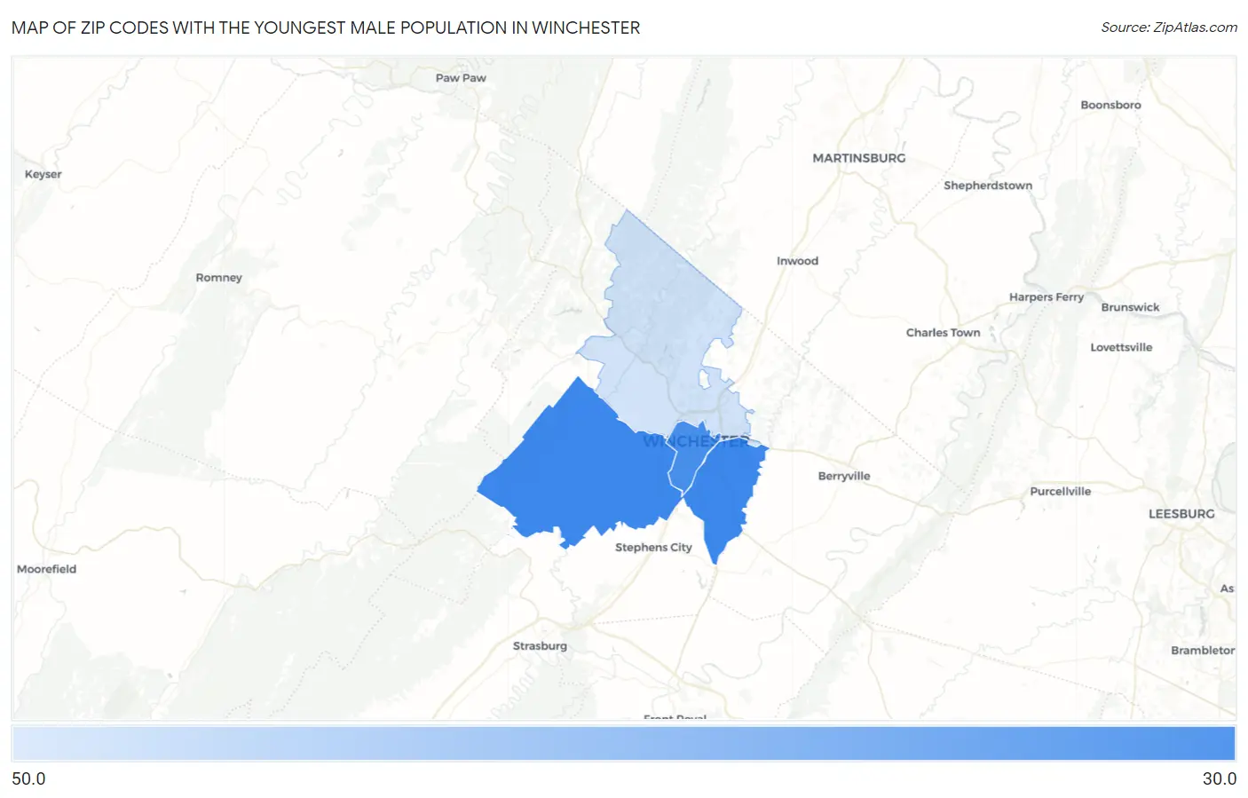 Zip Codes with the Youngest Male Population in Winchester Map