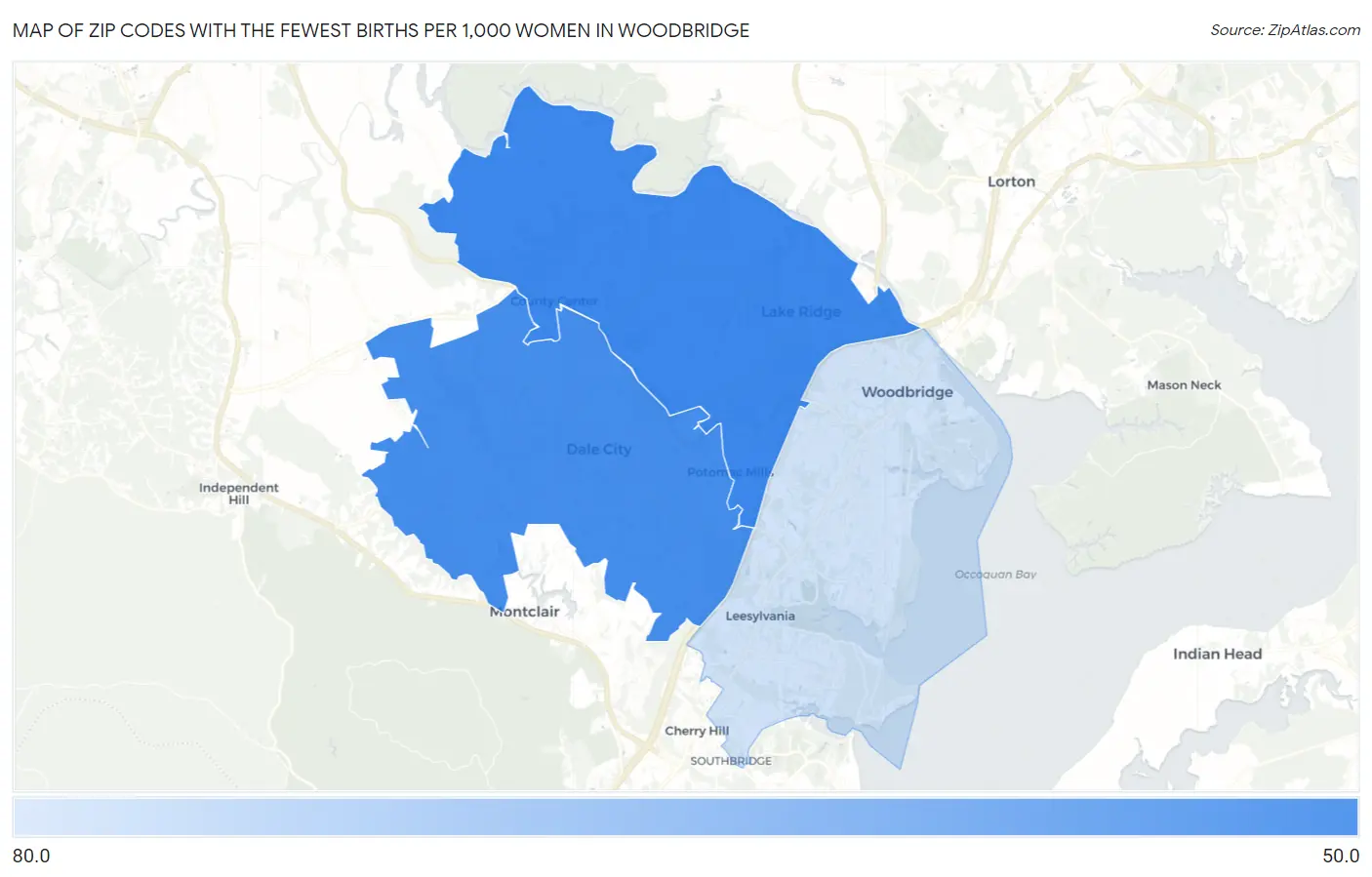Zip Codes with the Fewest Births per 1,000 Women in Woodbridge Map