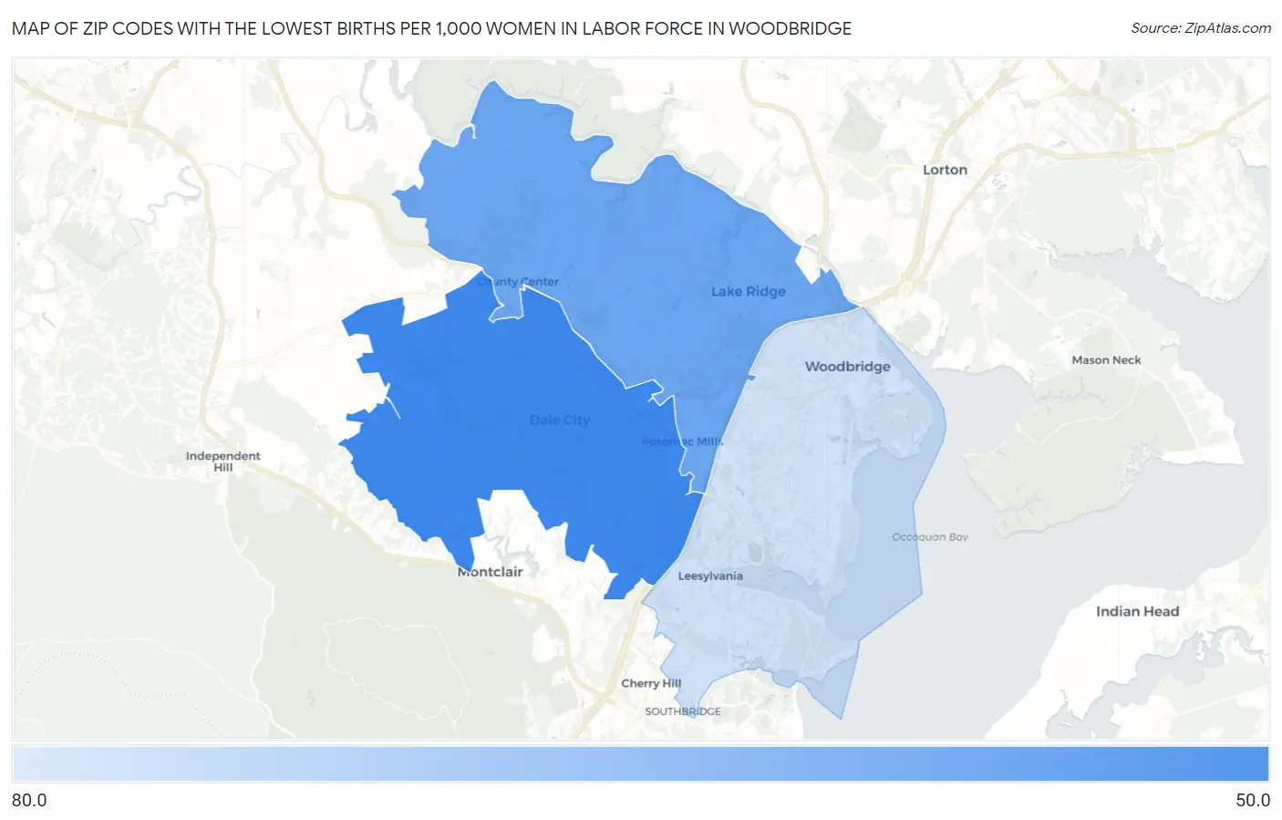 Zip Codes with the Lowest Births per 1,000 Women in Labor Force in Woodbridge Map