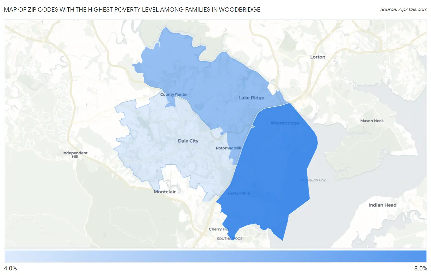 Zip Codes with the Highest Poverty Level Among Families in Woodbridge Map