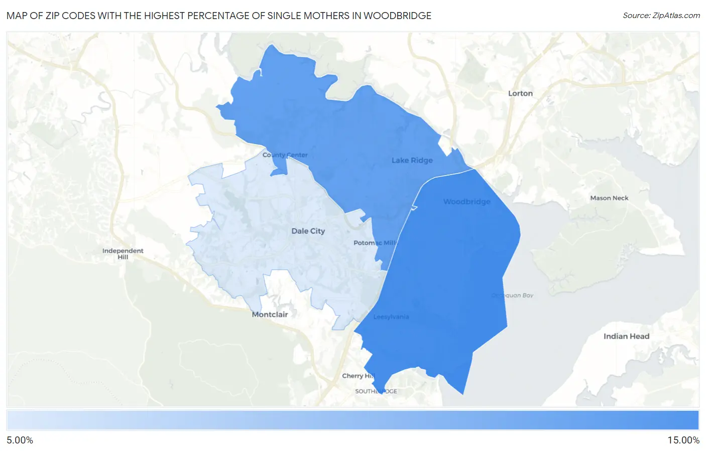 Zip Codes with the Highest Percentage of Single Mothers in Woodbridge Map