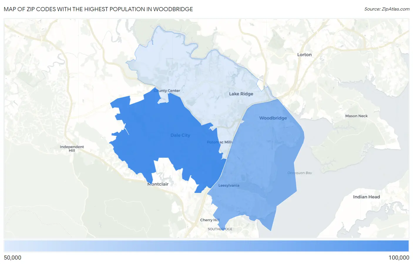Zip Codes with the Highest Population in Woodbridge Map