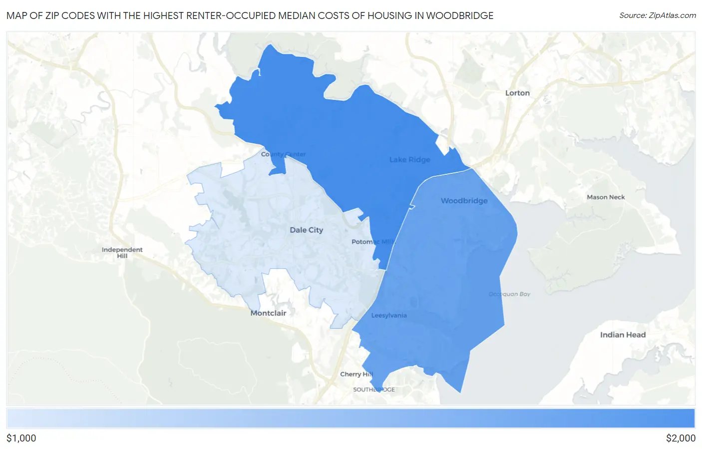 Zip Codes with the Highest Renter-Occupied Median Costs of Housing in Woodbridge Map