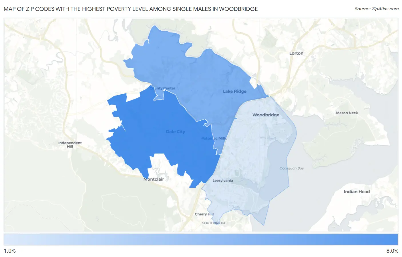 Zip Codes with the Highest Poverty Level Among Single Males in Woodbridge Map